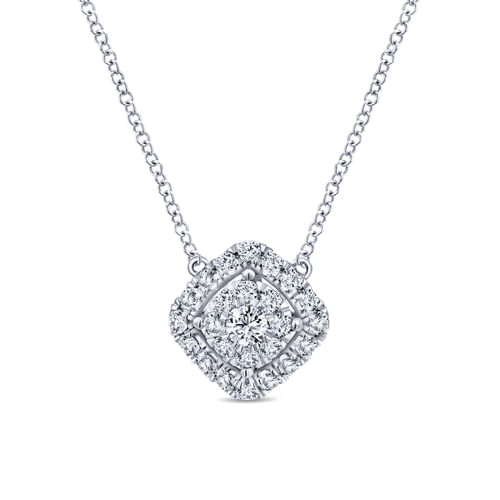 14K White Gold Cushion Shape Diamond Pavé Pendant Necklace
