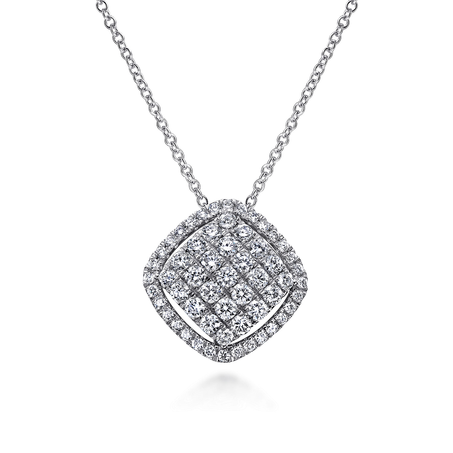 14K White Gold Cushion Shape Diamond Pavé Pendant Necklace