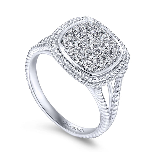 14K White Gold Cushion Shape Diamond Pavé Split Shank Ring