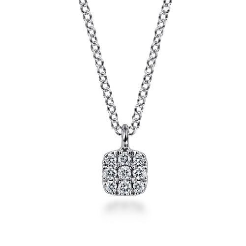 14K White Gold Cushion Shaped Diamond Cluster Pendant Necklace