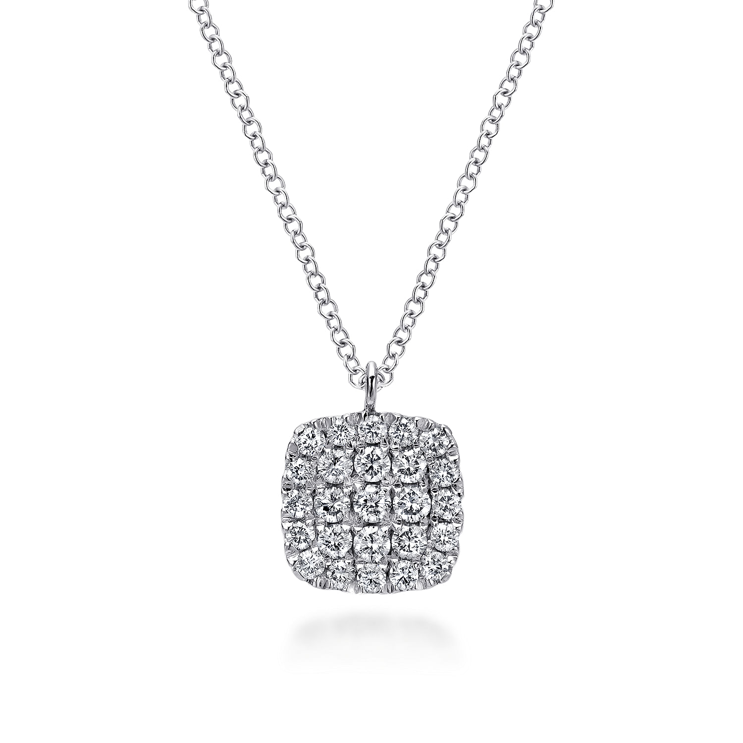 14K White Gold Cushion Shaped Diamond Cluster Pendant Necklace