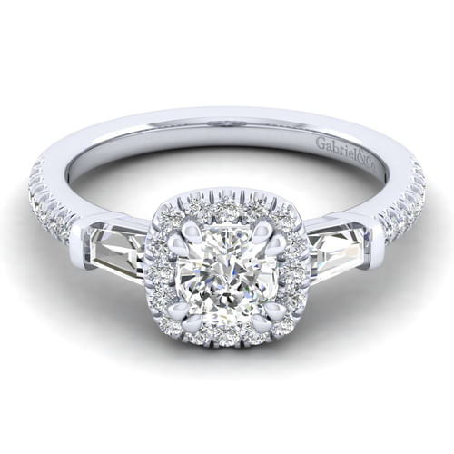 14K White Gold Cushion Three Stone Halo Diamond Channel Set Engagement Ring