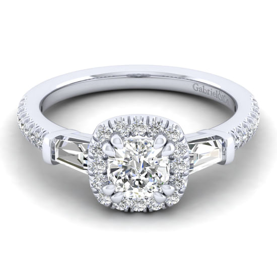 Gabriel - 14K White Gold Cushion Three Stone Halo Diamond Channel Set Engagement Ring