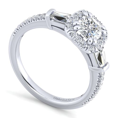 14K White Gold Cushion Three Stone Halo Diamond Channel Set Engagement Ring