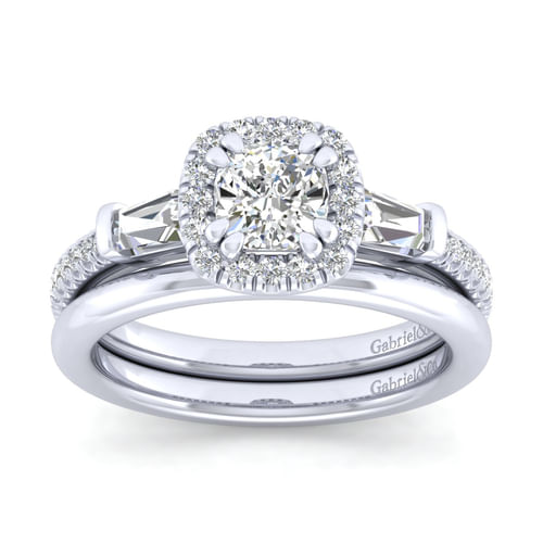 14K White Gold Cushion Three Stone Halo Diamond Channel Set Engagement Ring