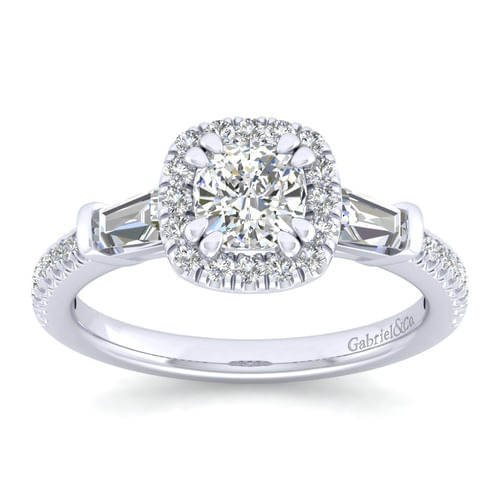 14K White Gold Cushion Three Stone Halo Diamond Channel Set Engagement Ring