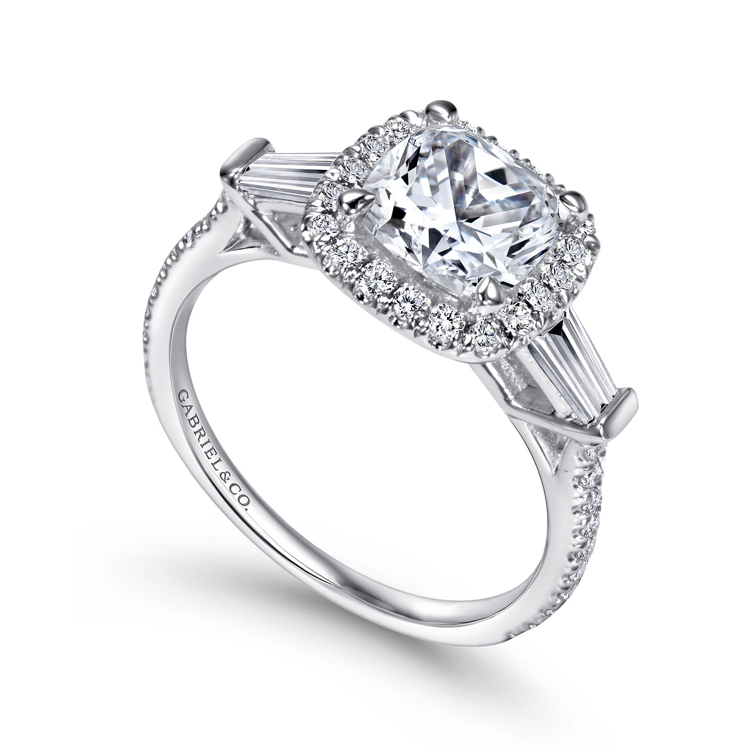 14K White Gold Cushion Three Stone Halo Diamond Channel Set Engagement Ring