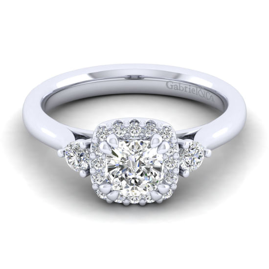 Gabriel - 14K White Gold Cushion Three Stone Halo Diamond Engagement Ring