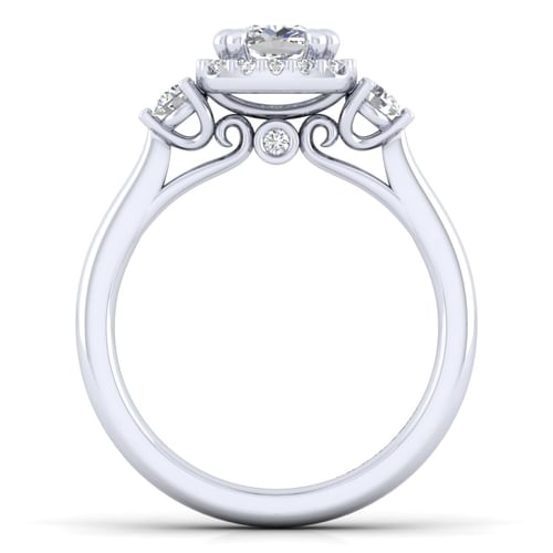 14K White Gold Cushion Three Stone Halo Diamond Engagement Ring