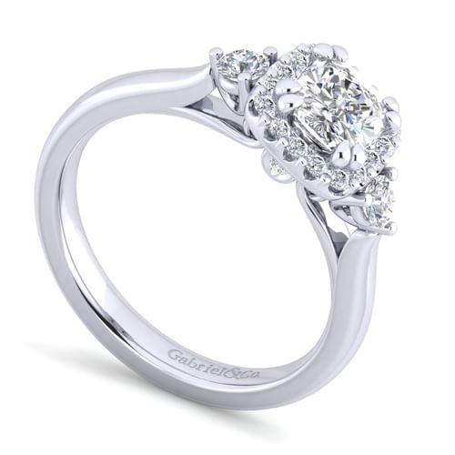 14K White Gold Cushion Three Stone Halo Diamond Engagement Ring