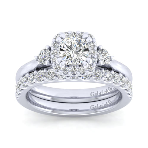 14K White Gold Cushion Three Stone Halo Diamond Engagement Ring