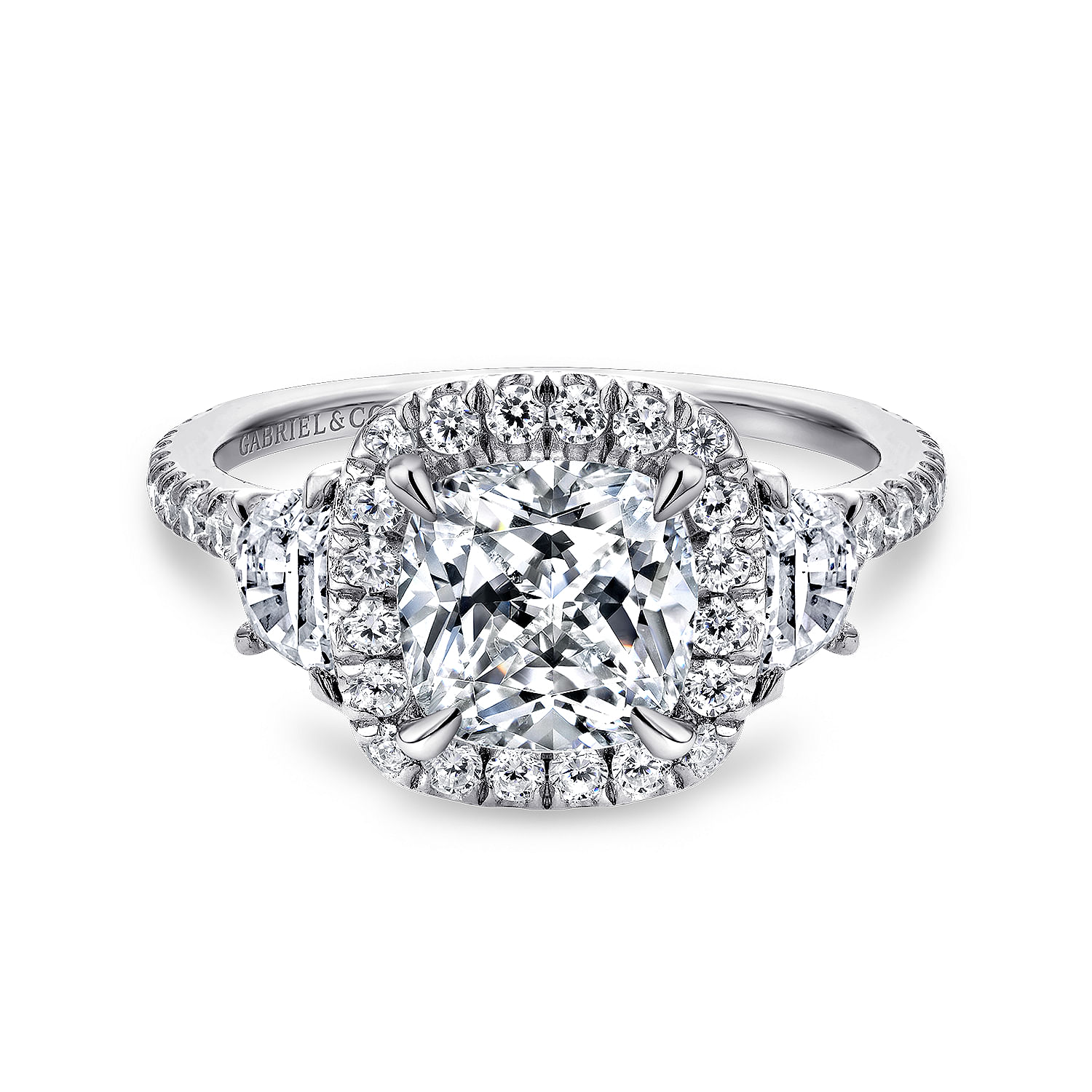 Gabriel - 14K White Gold Cushion Three Stone Halo Diamond Engagement Ring