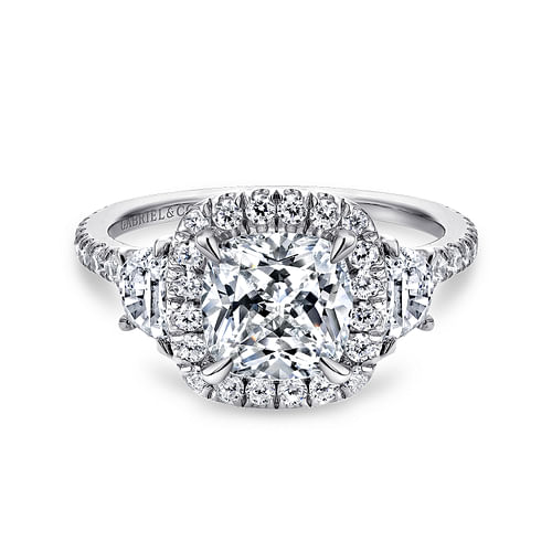 14K White Gold Cushion Three Stone Halo Diamond Engagement Ring