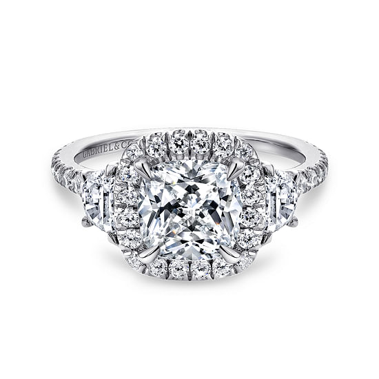 Gabriel - 14K White Gold Cushion Three Stone Halo Diamond Engagement Ring