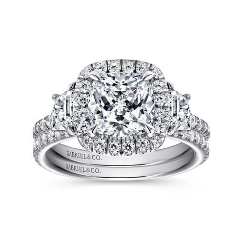 14K White Gold Cushion Three Stone Halo Diamond Engagement Ring