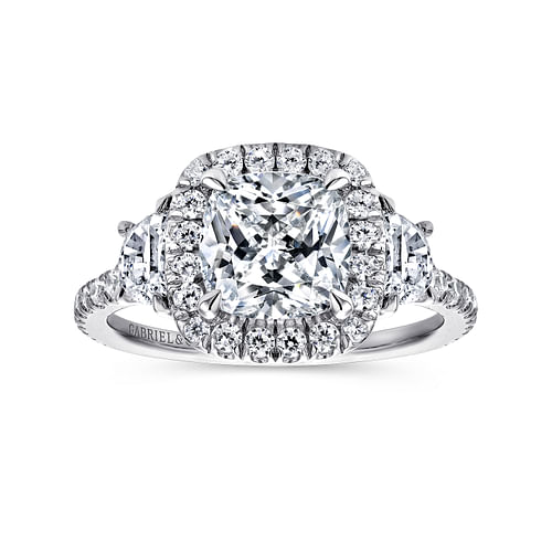 14K White Gold Cushion Three Stone Halo Diamond Engagement Ring