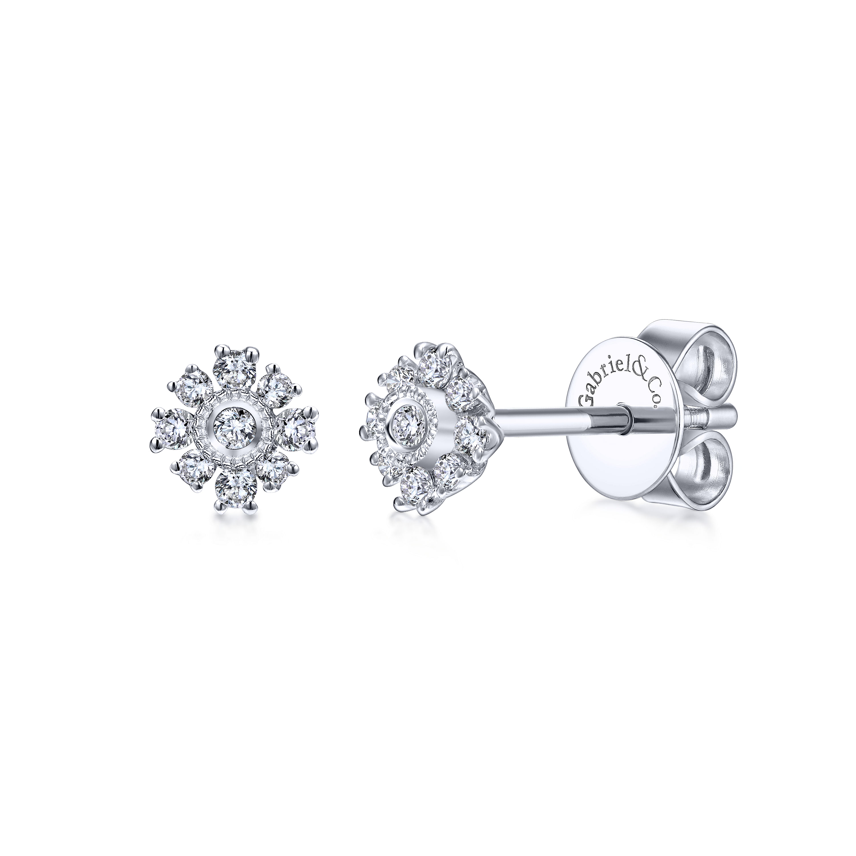 14K White Gold Dainty Floral Diamond Stud Earrings