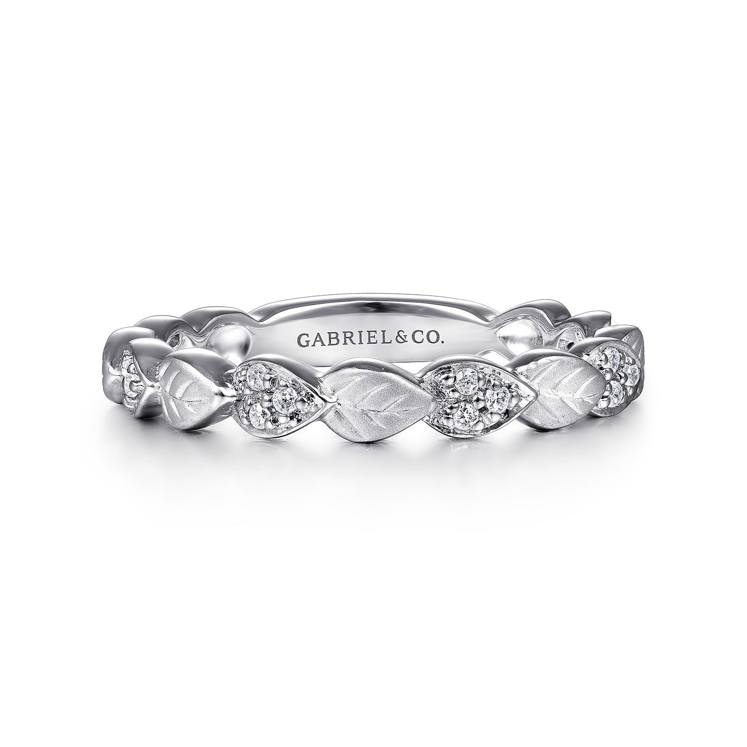 Gabriel - 14K White Gold Delicate Leaf Diamond Stackable Ring