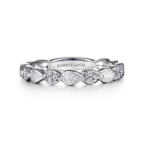 14K White Gold Delicate Leaf Diamond Stackable Ring