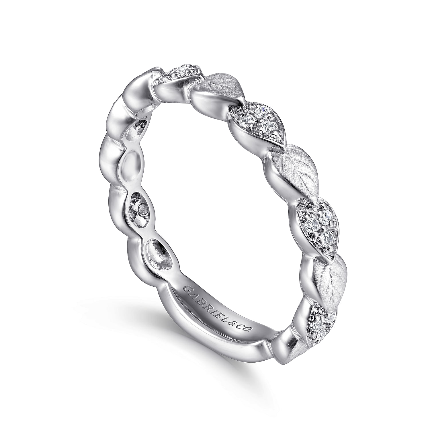 14K White Gold Delicate Leaf Diamond Stackable Ring