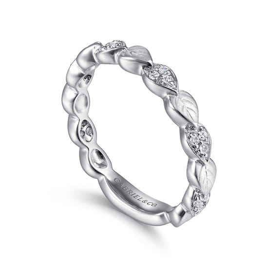 14K White Gold Delicate Leaf Diamond Stackable Ring angle 3