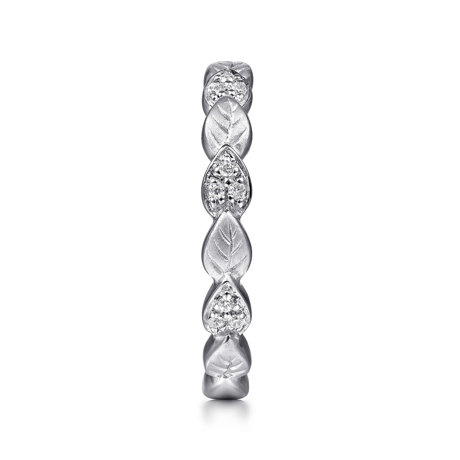 14K White Gold Delicate Leaf Diamond Stackable Ring
