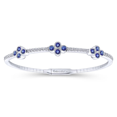 14K White Gold Diamond & Sapphire Clover Bangle