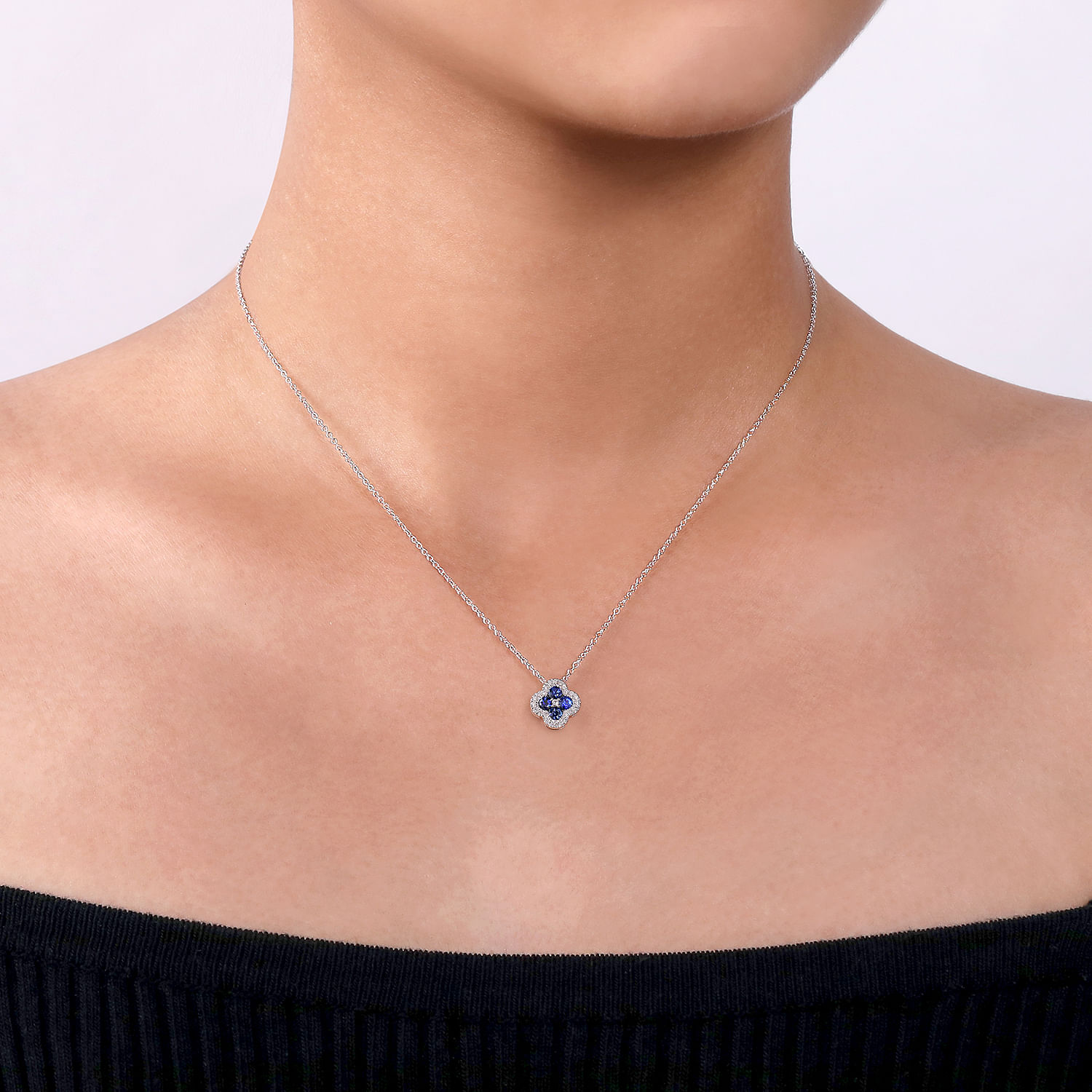 14K White Gold Diamond & Sapphire Pendant Necklace