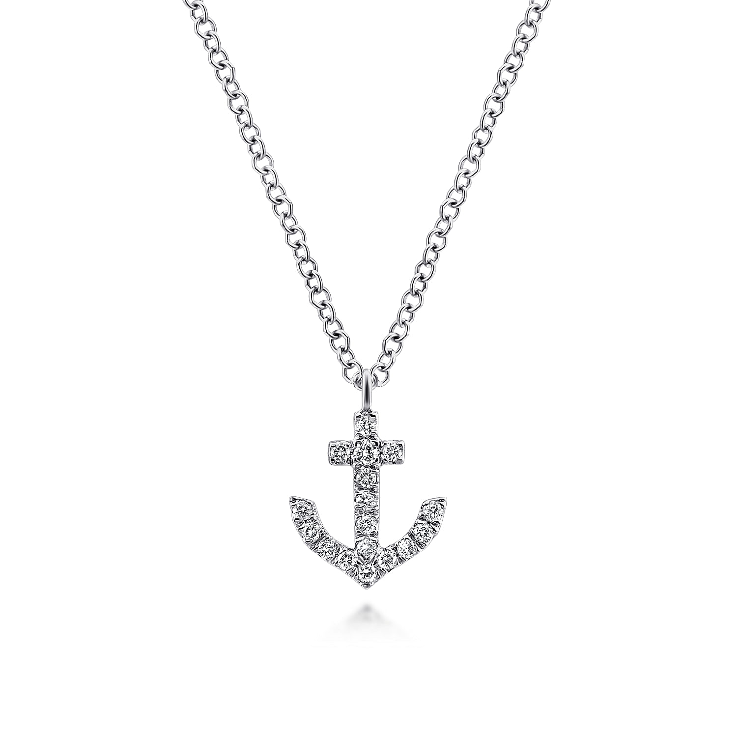 14K White Gold Diamond Anchor Pendant Necklace