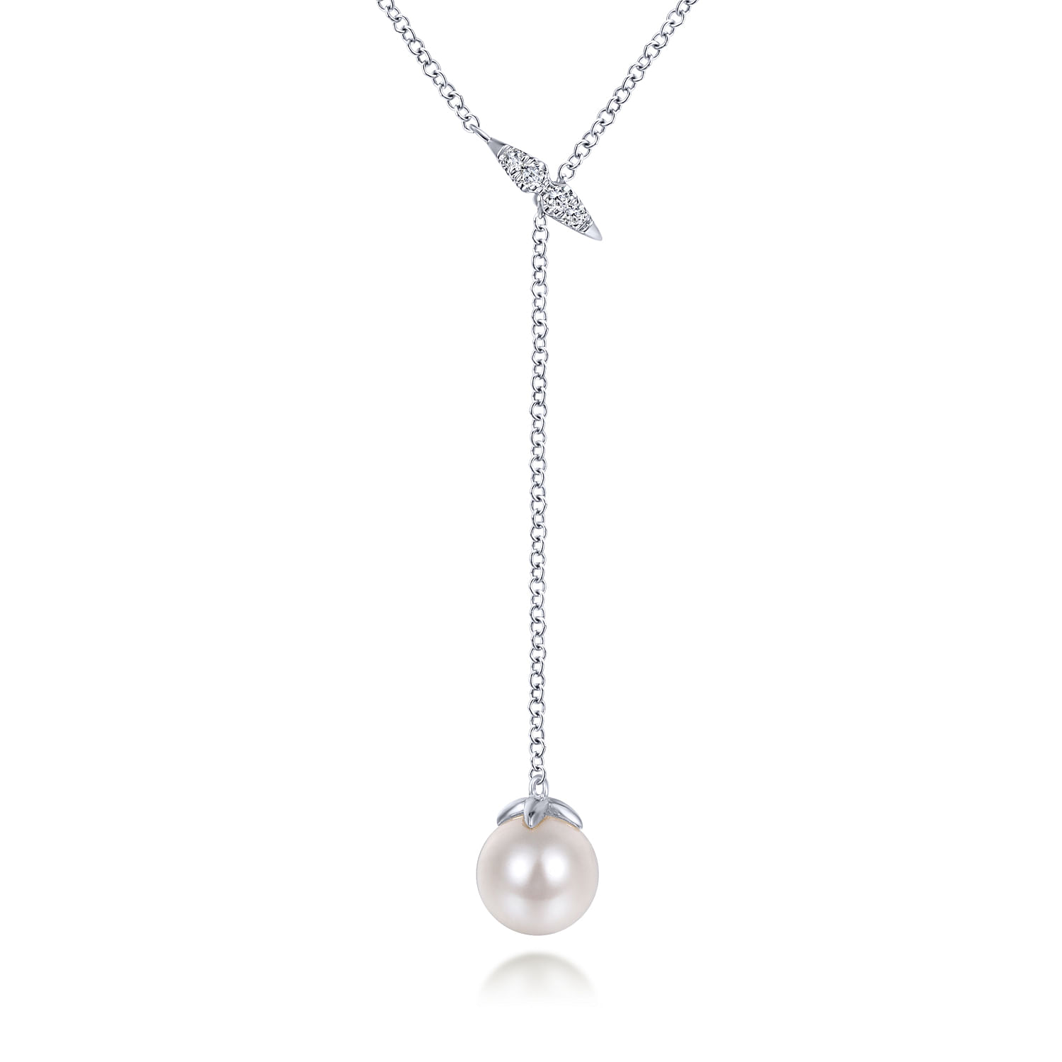 14K White Gold Diamond And Pearl Y Knot Necklace 