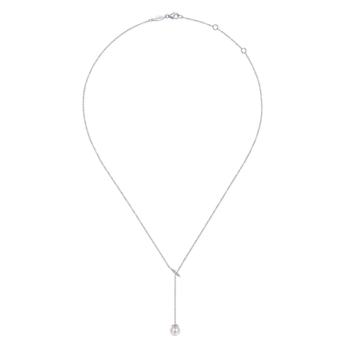 14K White Gold Diamond And Pearl Y Knot Necklace 