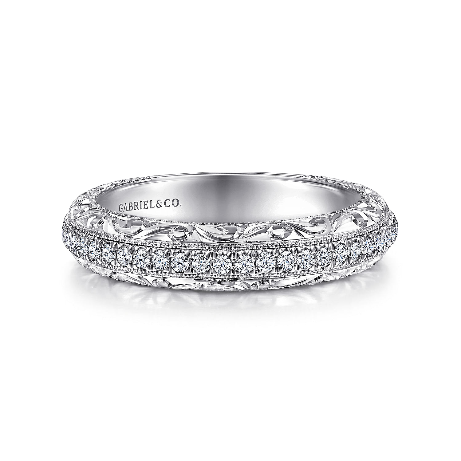 14K White Gold Diamond Anniversary Band with Engraved Frame