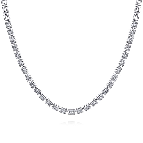 14K White Gold Diamond Baguette Halo Station Necklace