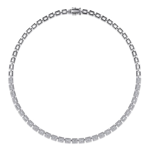 14K White Gold Diamond Baguette Halo Station Necklace