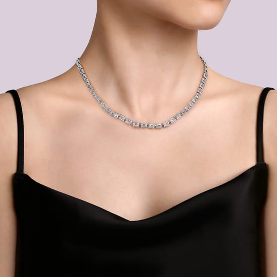 14K White Gold Diamond Baguette Halo Station Necklace angle 3