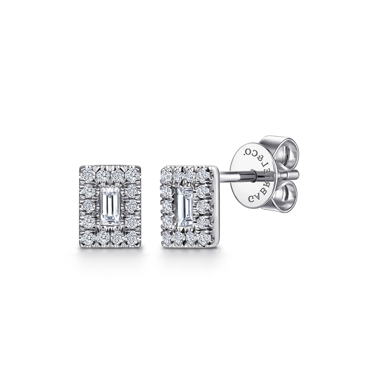 14K White Gold Diamond Baguette and Round Rectangular Stud Earrings