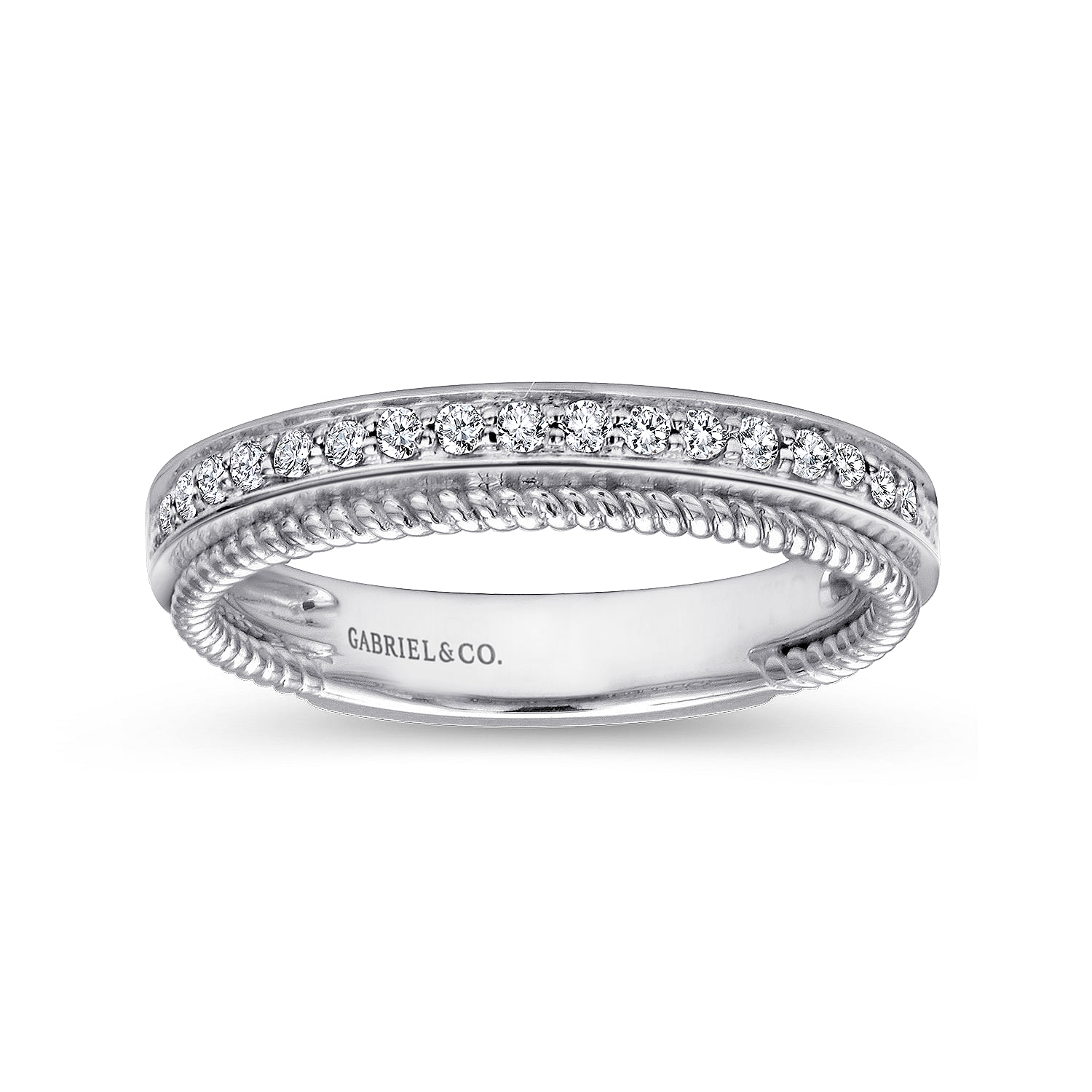 14K White Gold Diamond Band with Twisted Rope Accent