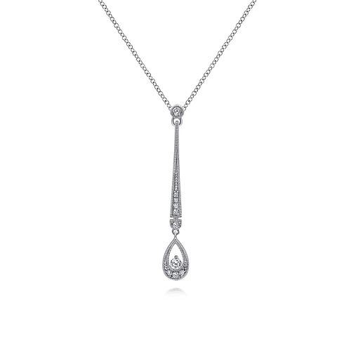 14K White Gold Diamond Bar and Teardrop Necklace