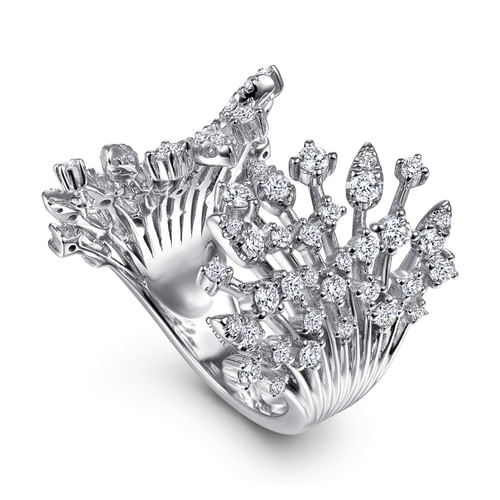 14K White Gold Diamond Branch Open Fan Ring