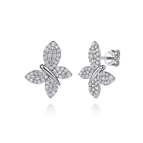 14K White Gold Diamond Butterfly Stud Earrings