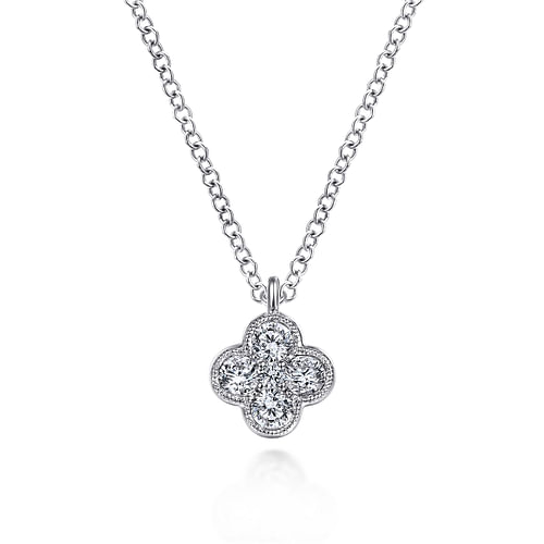 14K White Gold Diamond Clover Pendant Necklace