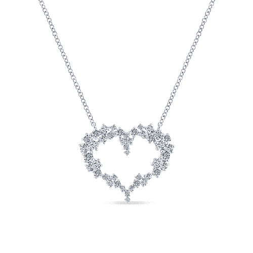 14K White Gold Diamond Cluster Heart Pendant Necklace