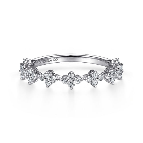 14K White Gold Diamond Cluster Station Stackable Ring