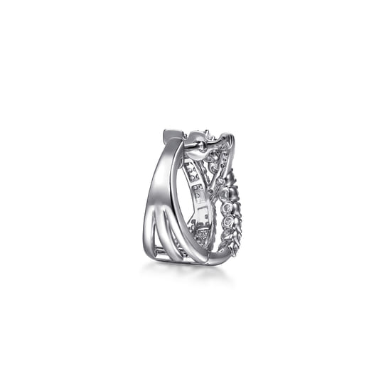 14K White Gold Diamond Criss Cross Huggie Earrings angle 3