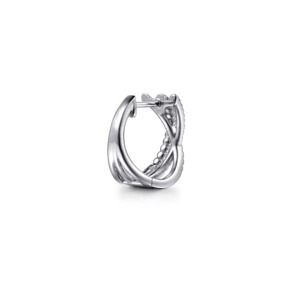 14K White Gold Diamond Criss Cross Huggie Earrings angle 2