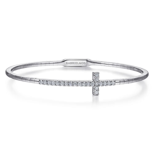 14K White Gold Diamond Cross Bangle