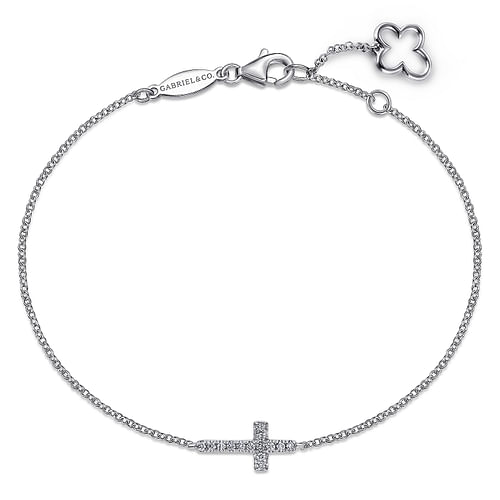 14K White Gold Diamond Cross Chain Bracelet 