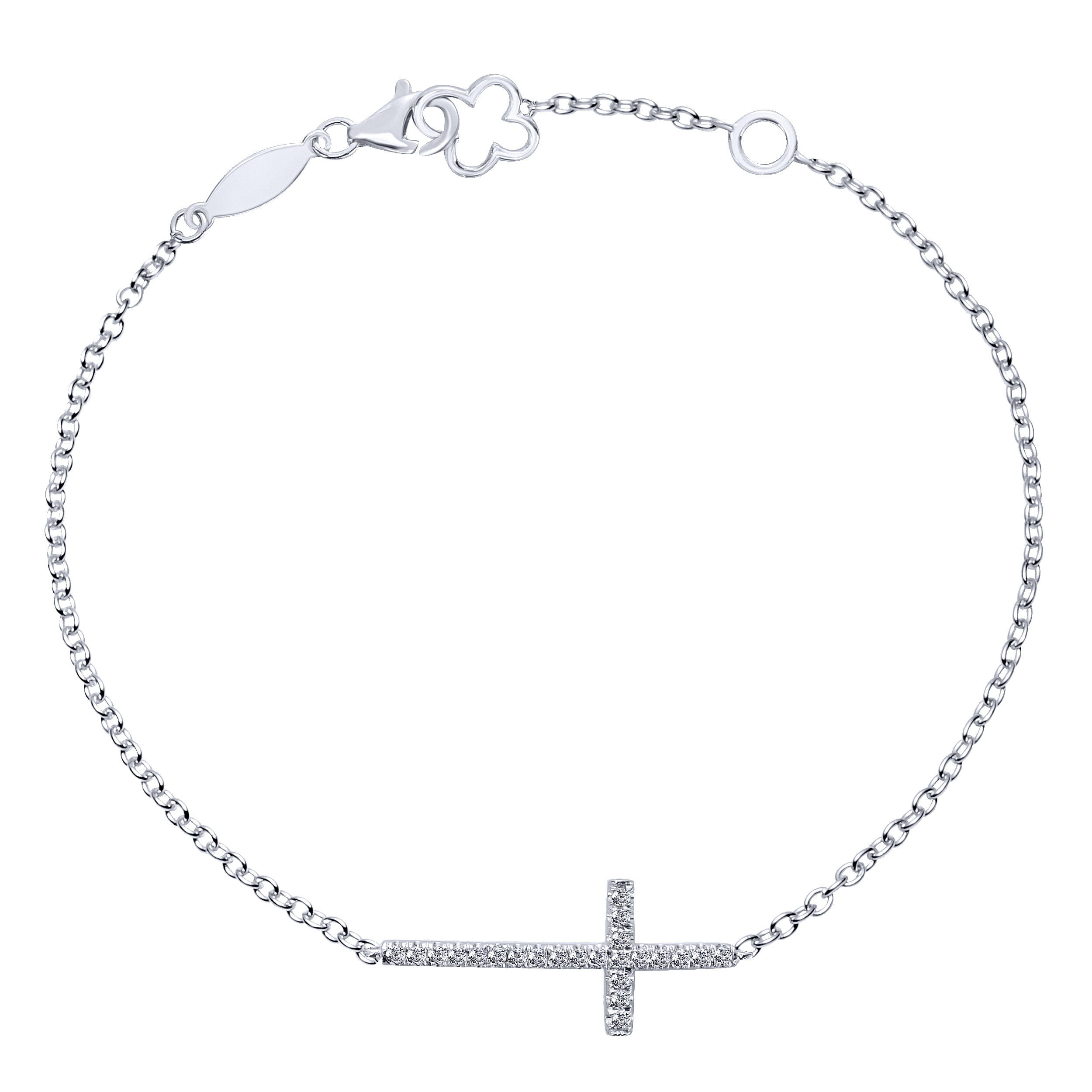14K White Gold Diamond Cross Chain Bracelet