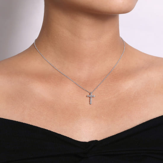 14K White Gold Diamond Cross Pendant Necklace angle 3