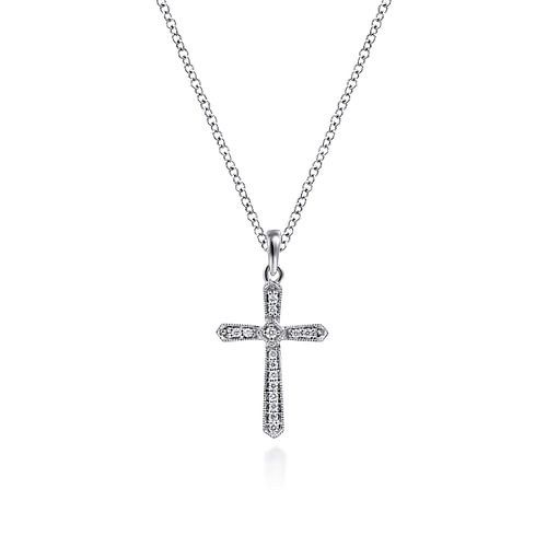 14K White Gold Diamond Cross Pendant Necklace